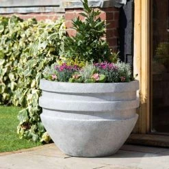 Round Double Rimmed 80cm Handmade Fiberstone Planter in Grey - Exclusive to Primrose