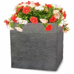 H23cm Small Light Grey Fibrecotta Brick Design Cube Pot - By Primrose™