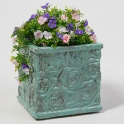 30cm Glazed Blue Ceramic Rose Patterned Cube Planter - Small 9 30cm Glazed Blue Ceramic Rose Patterned Cube Planter - Small -Outdoor PLANTERS Shop PP7990 add image 2 d280