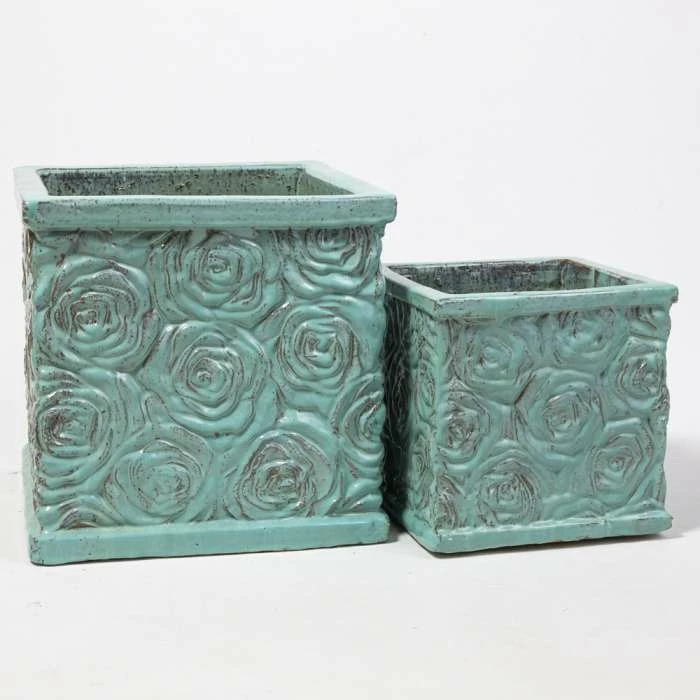 30cm Glazed Blue Ceramic Rose Patterned Cube Planter - Small 6 30cm Glazed Blue Ceramic Rose Patterned Cube Planter - Small - Image 6