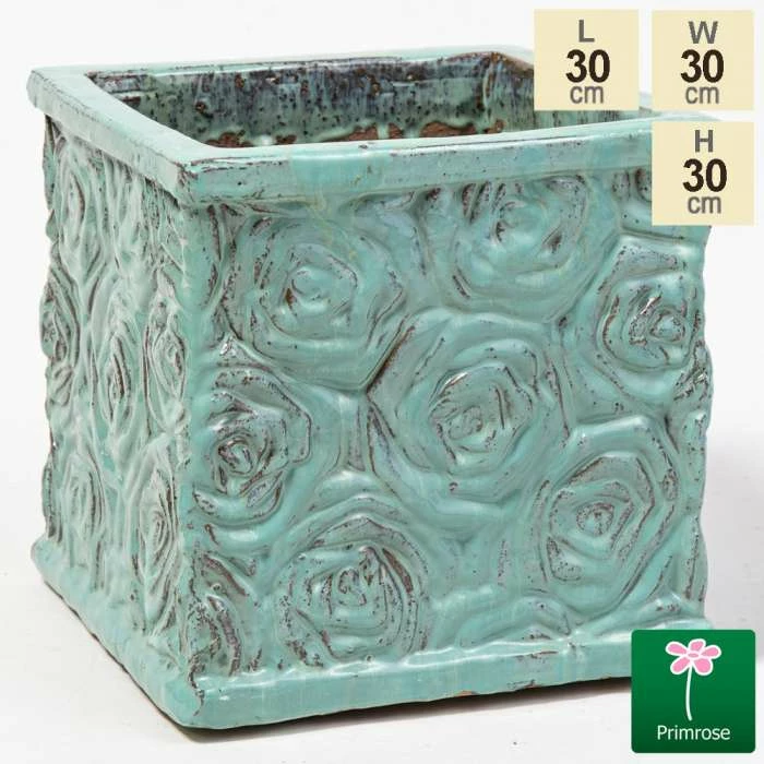 30cm Glazed Blue Ceramic Rose Patterned Cube Planter - Small 1 30cm Glazed Blue Ceramic Rose Patterned Cube Planter - Small