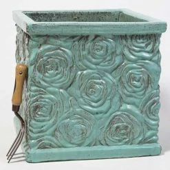 42cm Glazed Blue Ceramic Rose Patterned Cube Planter - Large -Outdoor PLANTERS Shop PP7991 add image 1 6cf0