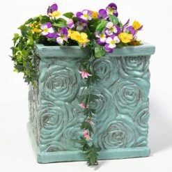 42cm Glazed Blue Ceramic Rose Patterned Cube Planter - Large -Outdoor PLANTERS Shop PP7991 add image 2 a1ff