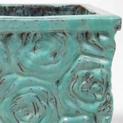 42cm Glazed Blue Ceramic Rose Patterned Cube Planter - Large -Outdoor PLANTERS Shop PP7991 add image 3 b32c