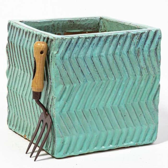 30cm Glazed Blue Ceramic Zig Zag Pattern Cube Planter - Small 2 30cm Glazed Blue Ceramic Zig Zag Pattern Cube Planter - Small - Image 2