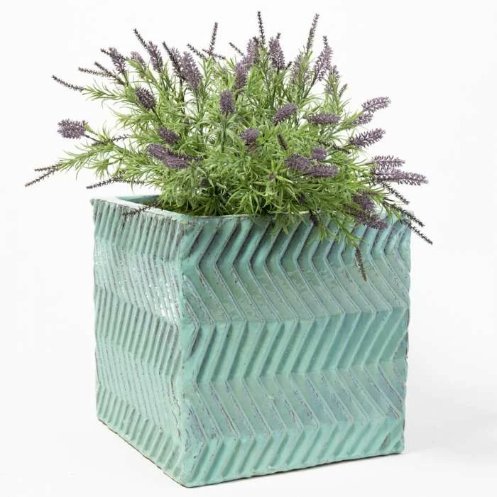 30cm Glazed Blue Ceramic Zig Zag Pattern Cube Planter - Small 3 30cm Glazed Blue Ceramic Zig Zag Pattern Cube Planter - Small - Image 3