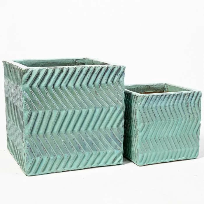 30cm Glazed Blue Ceramic Zig Zag Pattern Cube Planter - Small 5 30cm Glazed Blue Ceramic Zig Zag Pattern Cube Planter - Small - Image 5