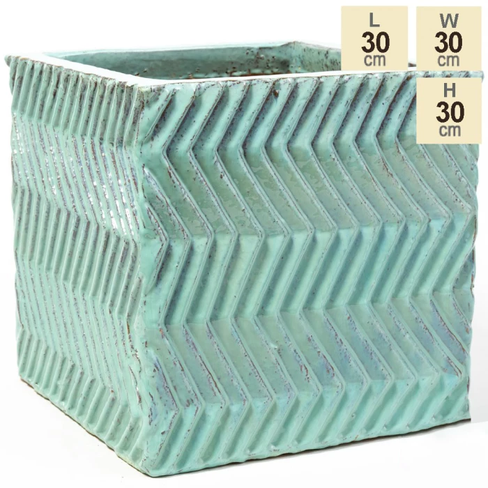30cm Glazed Blue Ceramic Zig Zag Pattern Cube Planter - Small 6 30cm Glazed Blue Ceramic Zig Zag Pattern Cube Planter - Small - Image 6