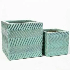 42cm Glazed Blue Ceramic Zig Zag Pattern Cube Planter - Large -Outdoor PLANTERS Shop PP7993 add image 4 a003